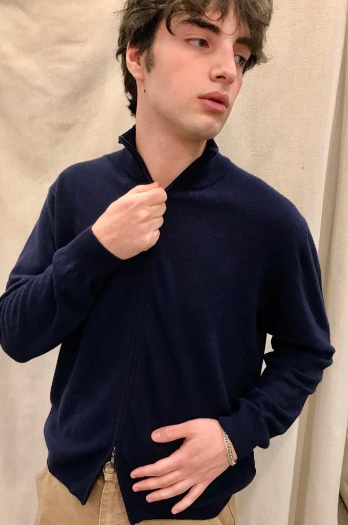 Cardigan lana e cashmere full zip Made in Italy Navy