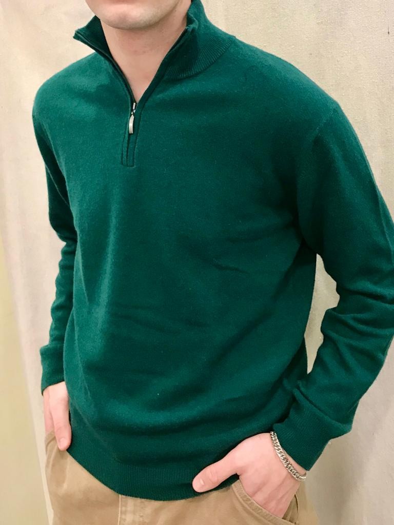 Maglia zip lana e cashmere made in Italy verde