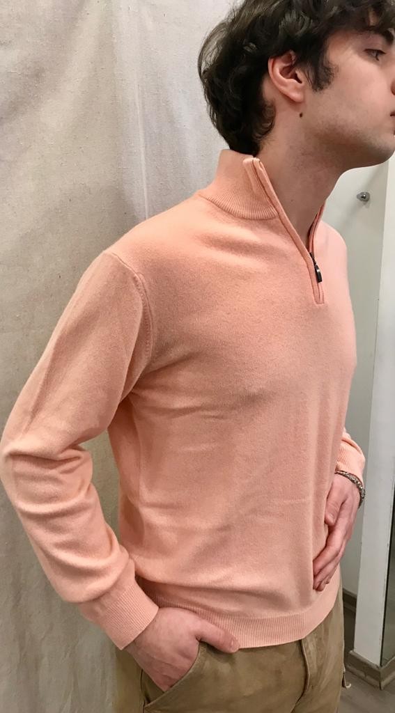 Maglia a lupetto con zip in lana e cashmere Salmone