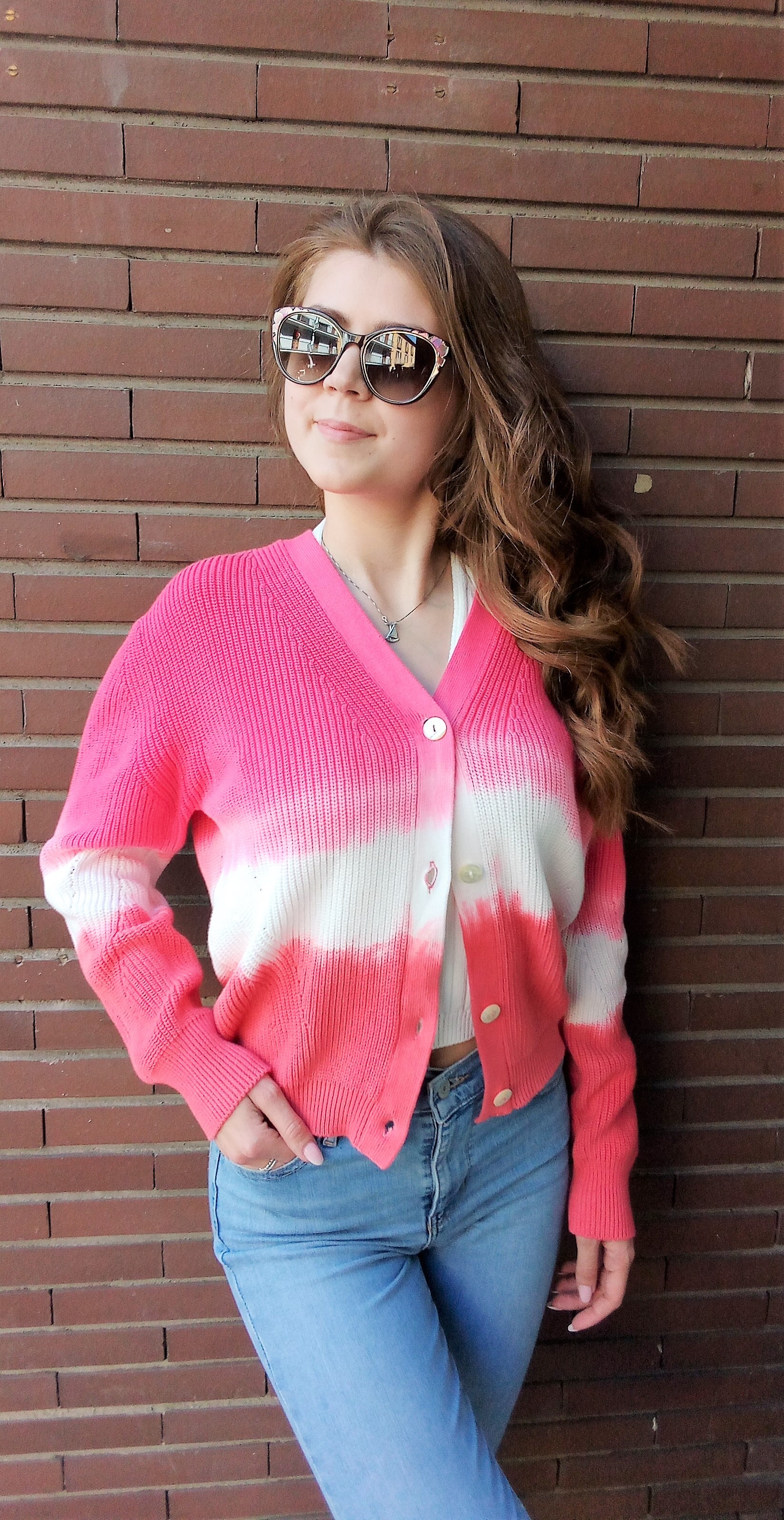 Cardigan con bottoni in puro cotone con fantasia Rosa