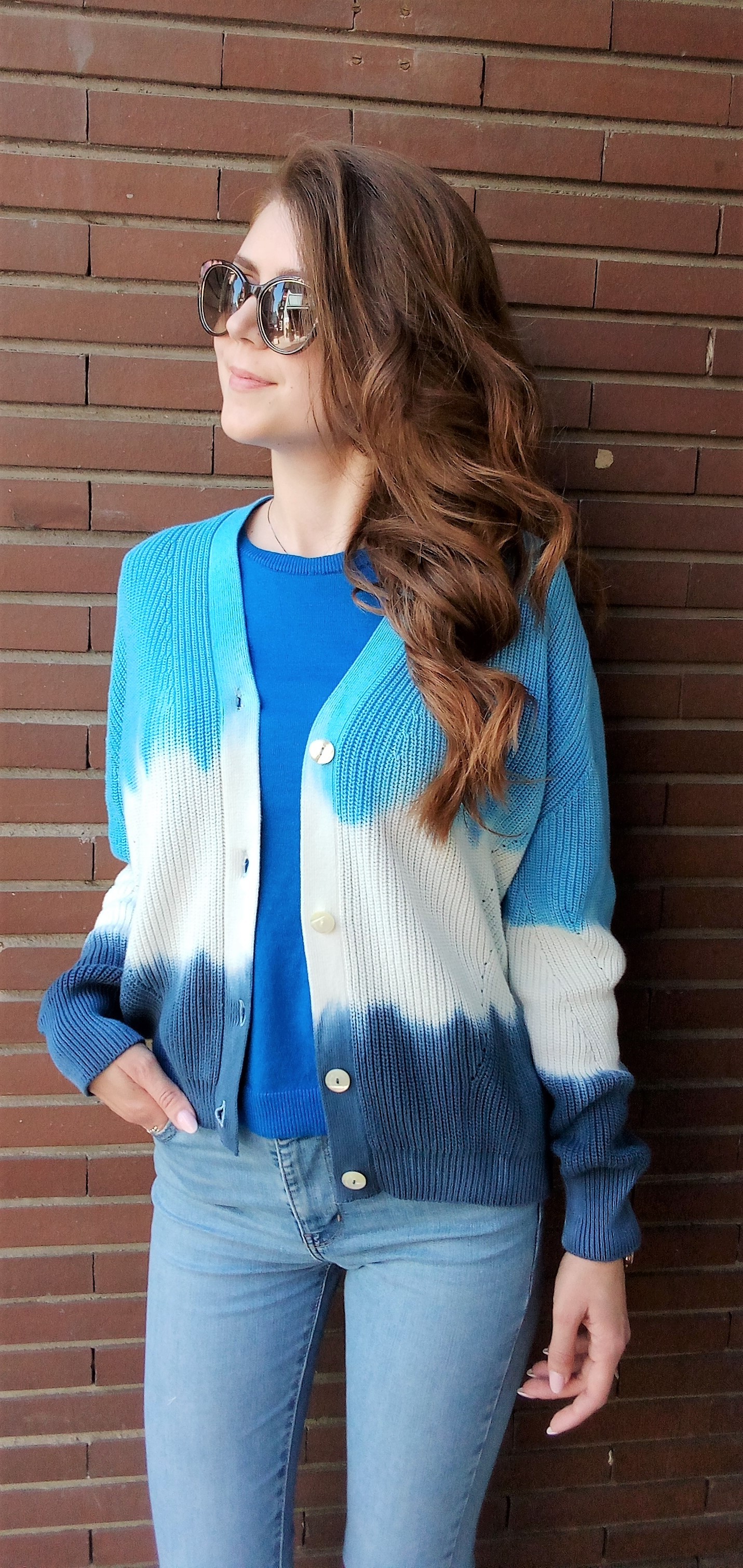 Cardigan con bottoni in puro cotone fantasia Blu