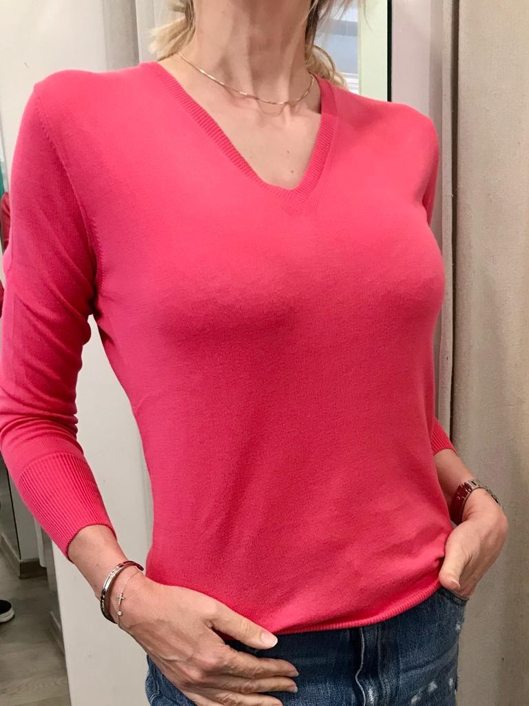 2.Maglia Scollo a v cotone donna Fuxia
