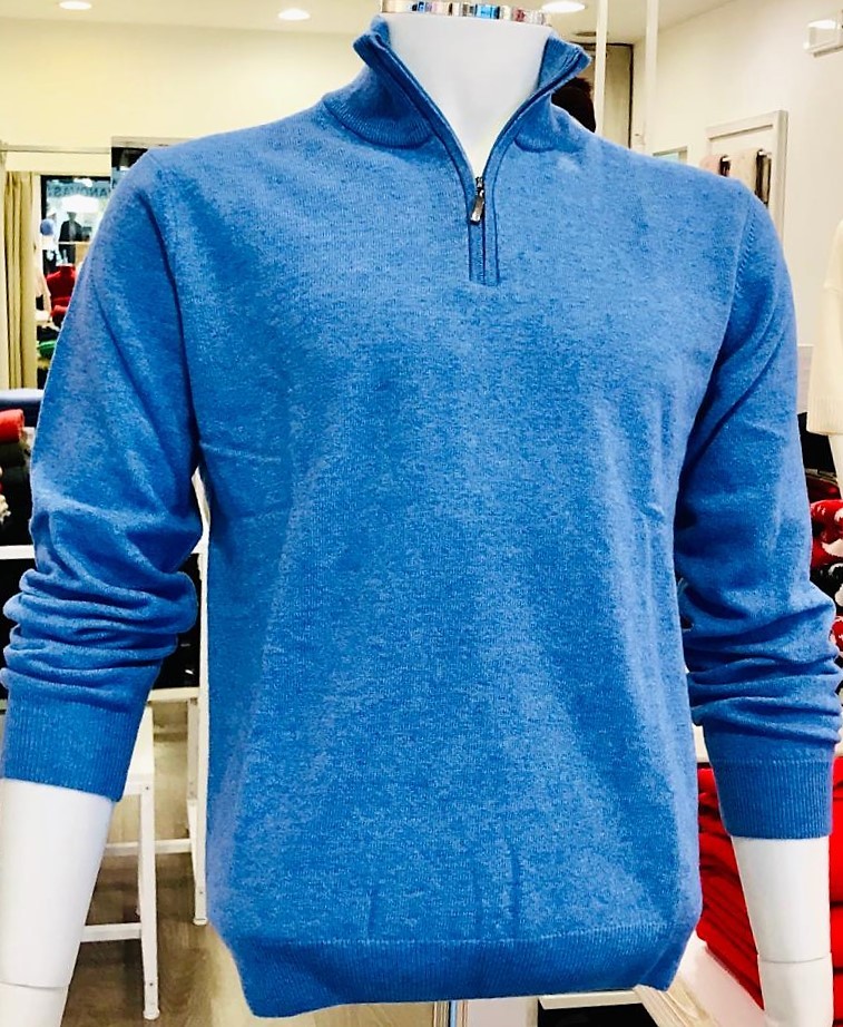 Maglia zip lana e cashmere made in Italy Azzurra