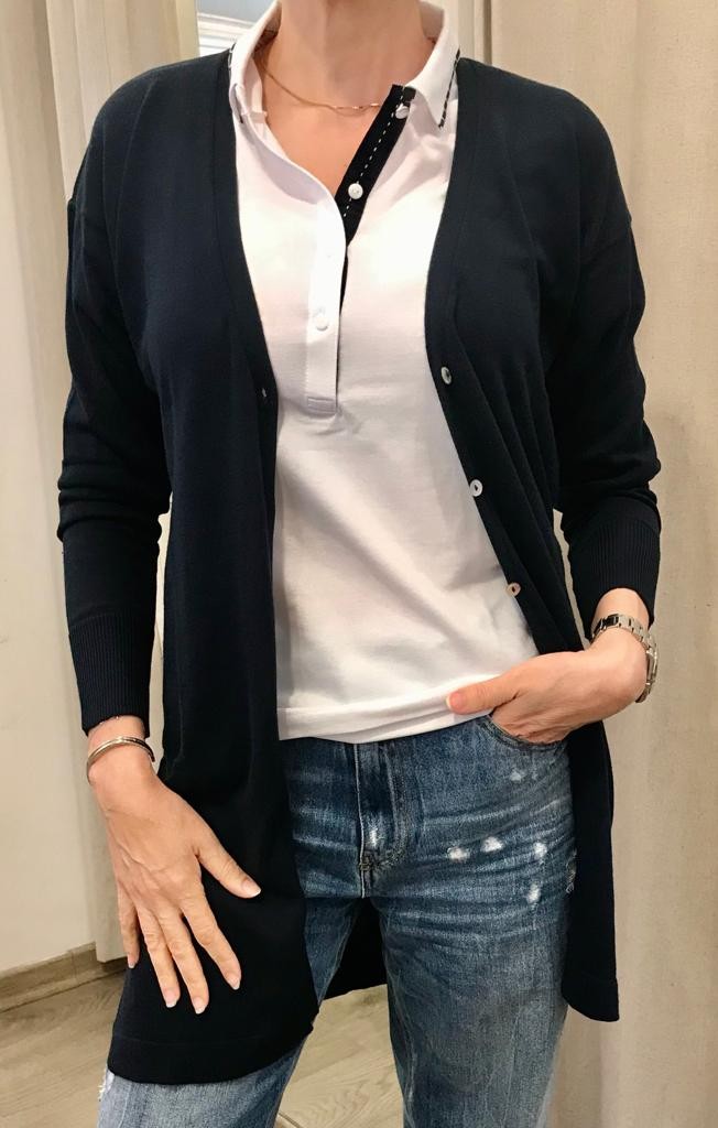 2.Cardigan sciallato lungo in puro cotone Navy