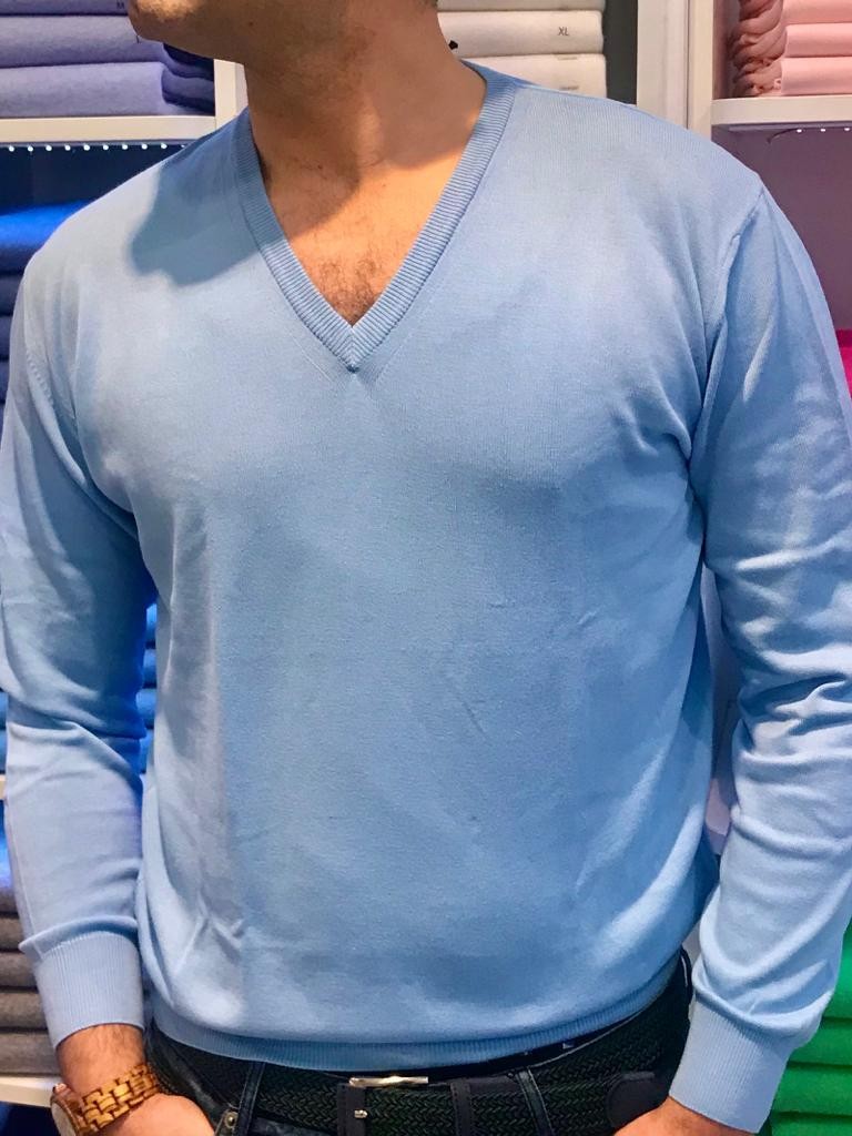 Maglia Scollo a v extra fine cotone Azzurro