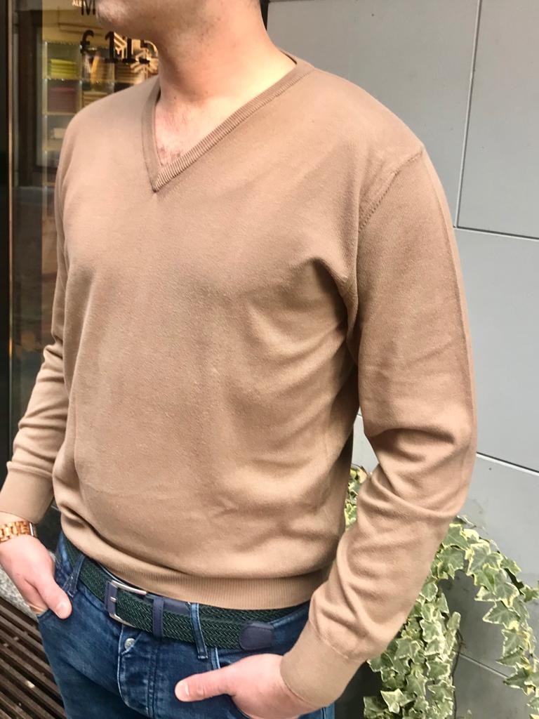 Maglia Scollo a v puro cotone extra fine colore beige