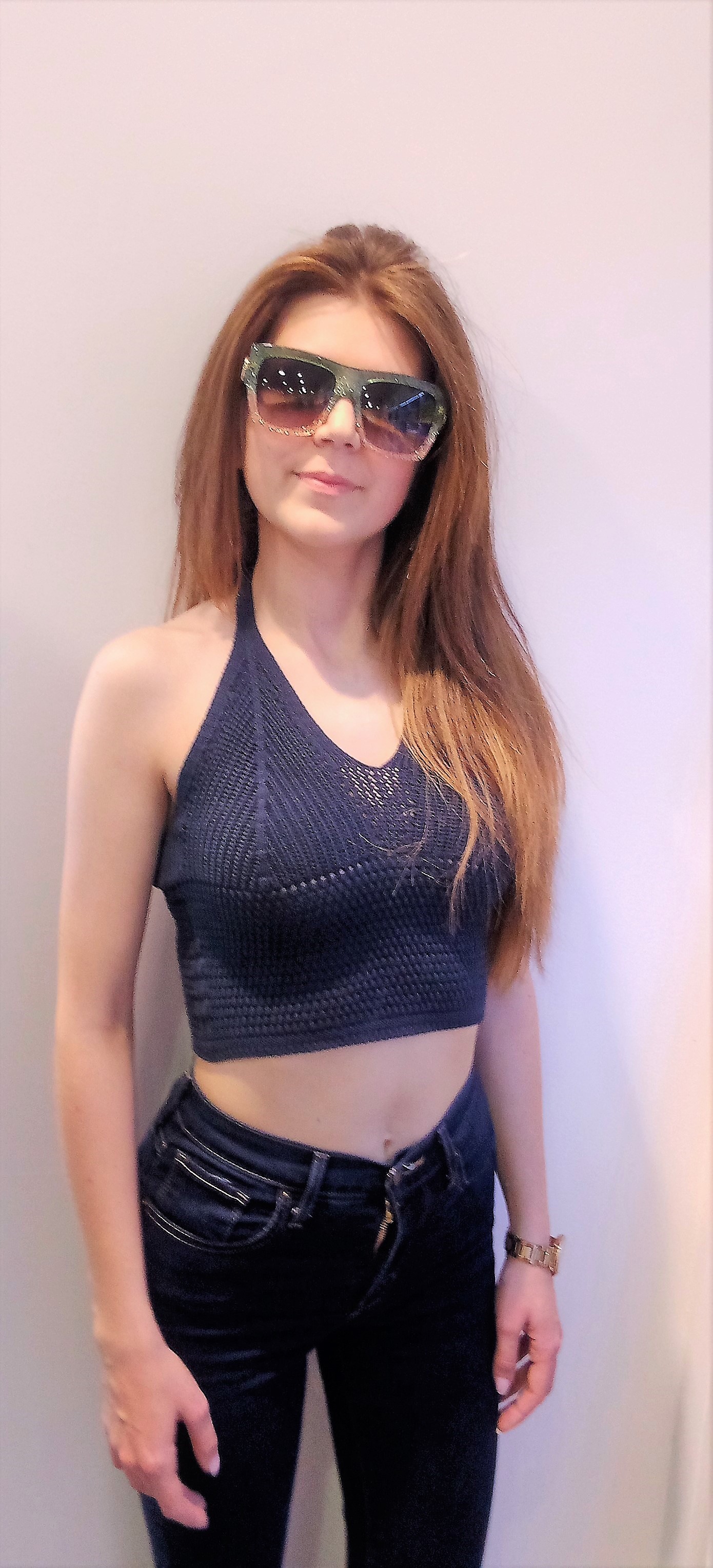 Top traforato in puro cotone Navy