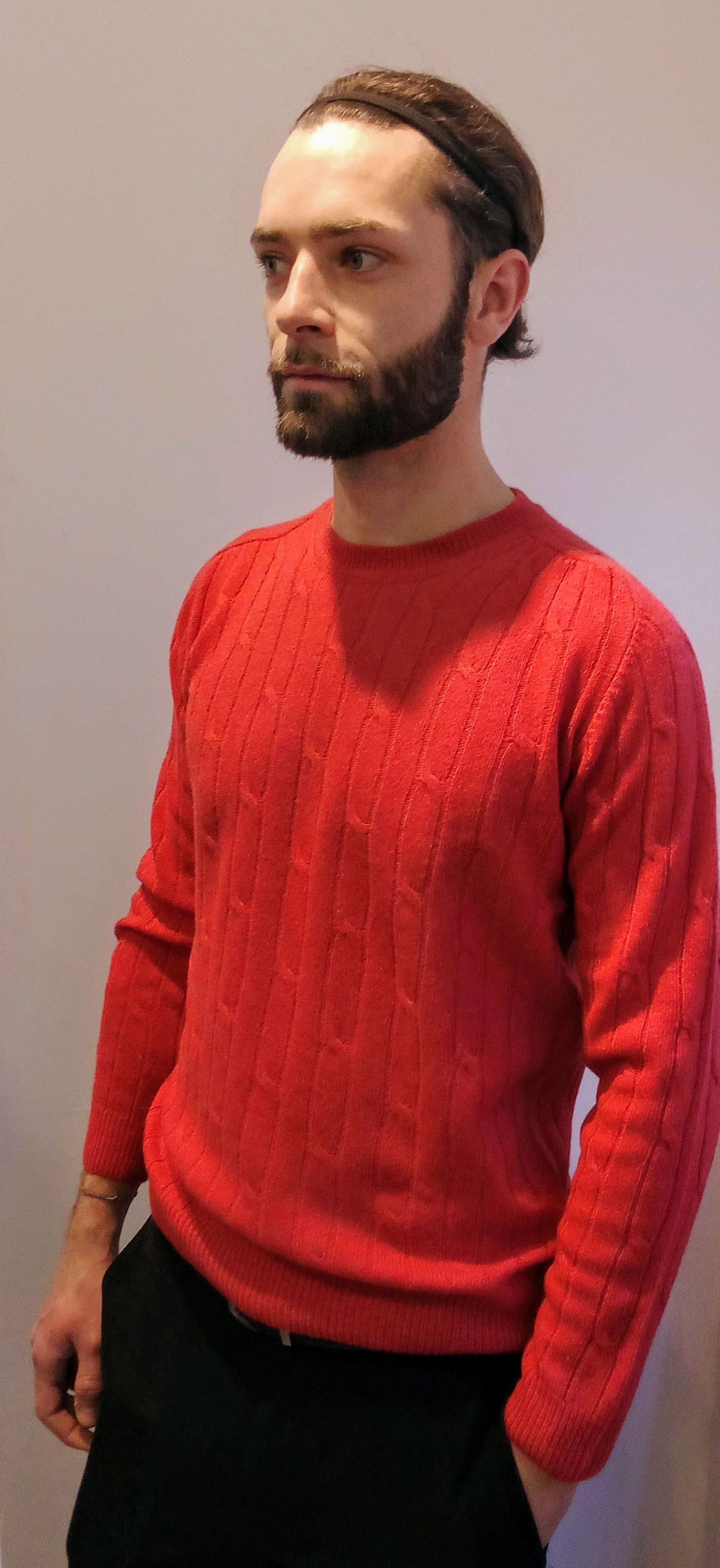 Maglia girocollo puro cashmere toscano con treccia Corallo