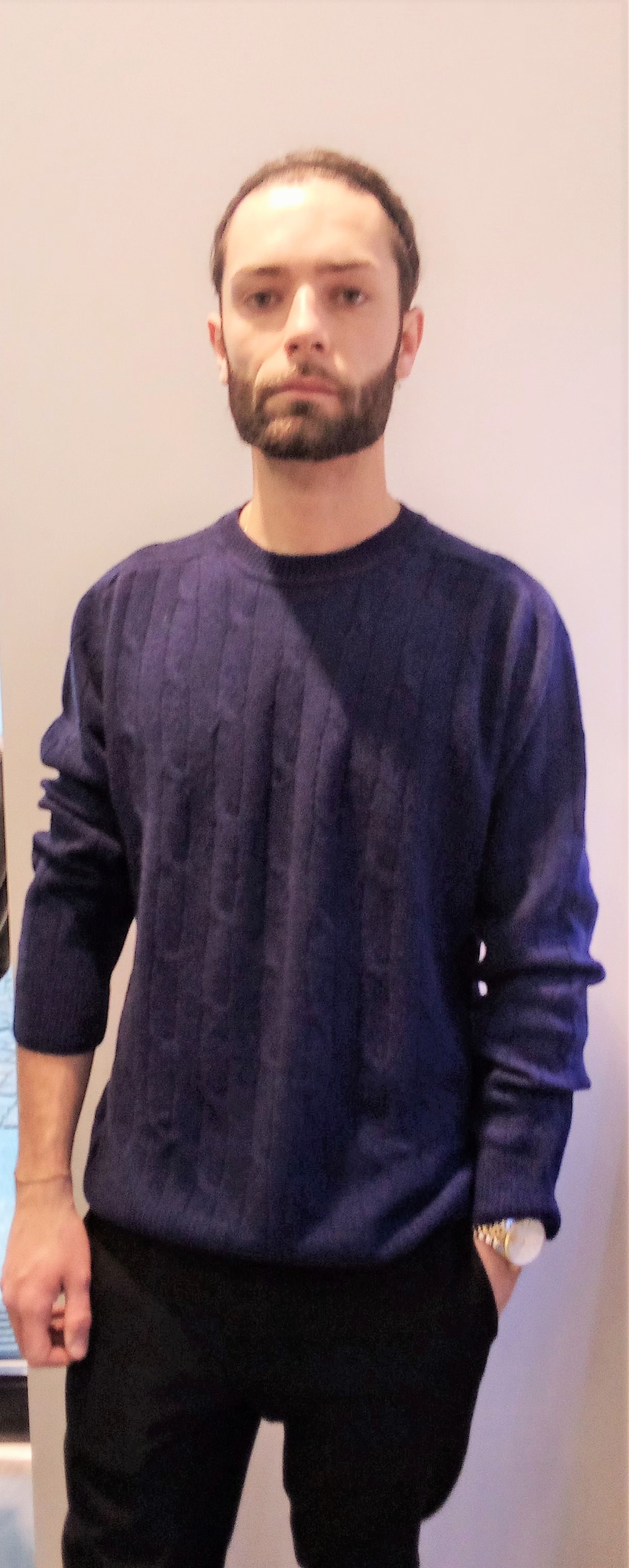 Maglia girocollo puro cashmere toscano con treccia Navy