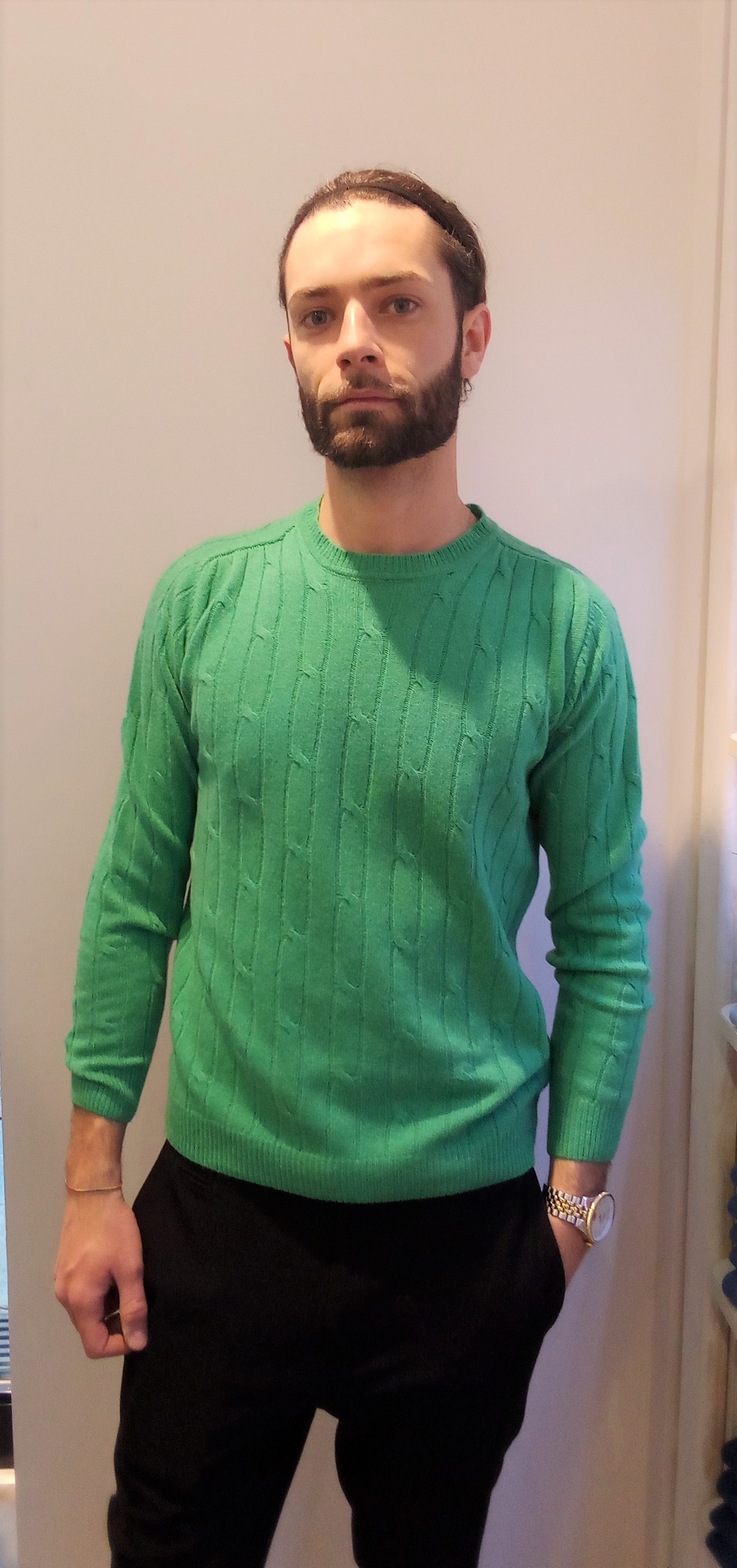 Maglia girocollo con trama a treccia puro cashmere toscano  Verde